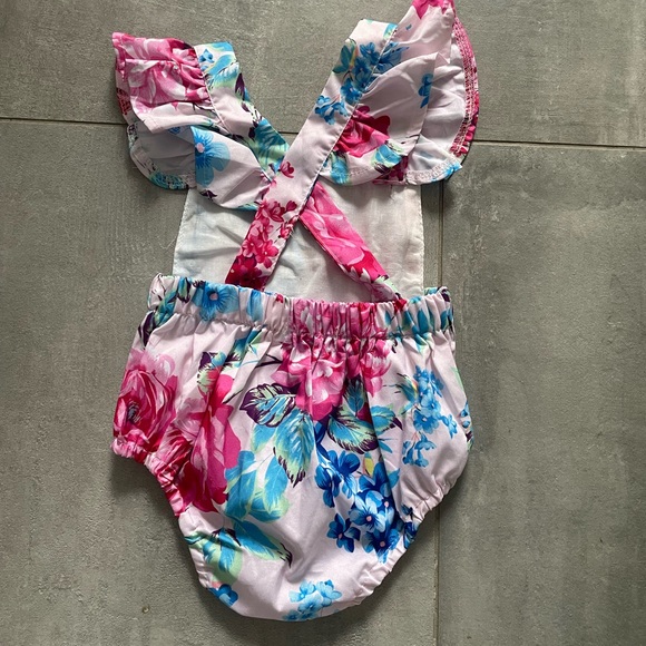 Blue Pink White Floral Baby Romper - Picture 3 of 5
